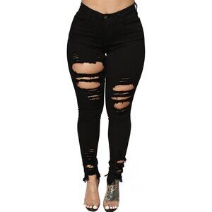 Women's Skinny Ripped Stretch Mid Rise Denim Jeans Casual Pants Black X-Large
